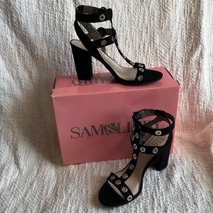 Black suede heeled sandals
